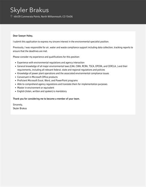 Environmental Specialist Cover Letter | Velvet Jobs