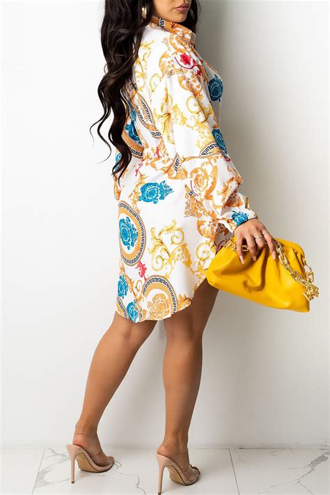 Yellow Casual Print Split Joint Buckle With Belt Turndown Collar Shirt Dress Dressesdresses