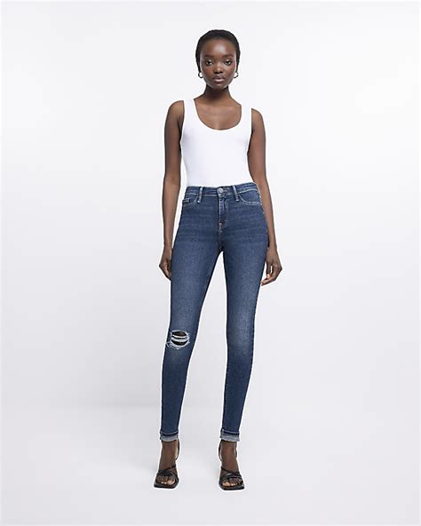 Blue Molly Ripped Mid Rise Skinny Jeans River Island