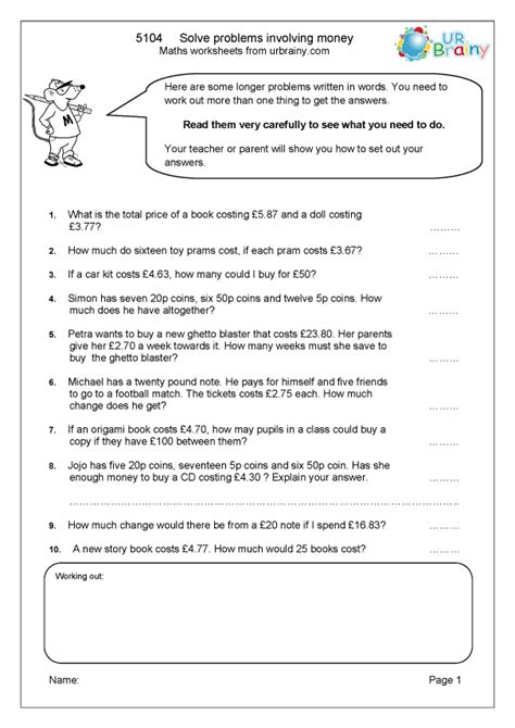 Solve Problems Involving Money Reasoningproblem Solving Maths Worksheets For Year 5 Age 9 10