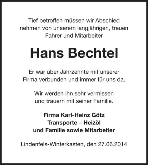 Traueranzeigen Von Hans Bechtel Vrm Trauer De