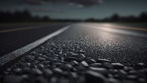 A Road With Rocks And Gravel On The Side Of It At Night Time With A