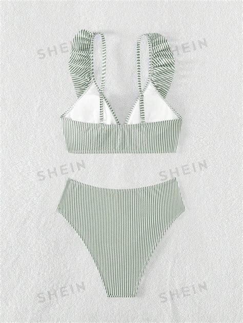 Shein Swim Summer Beach Striped Ruffle Trim Bikini Set Shein Usa