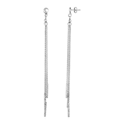 Long Chain Tassel And Textured Bar Drop Earrings In Sterling Silver