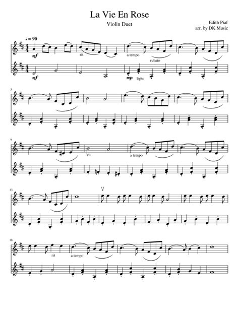 La Vie En Rose Arr Dk Music By Mohombi Moupondo Sheet Music For Violin Duet At Sheet Music Direct