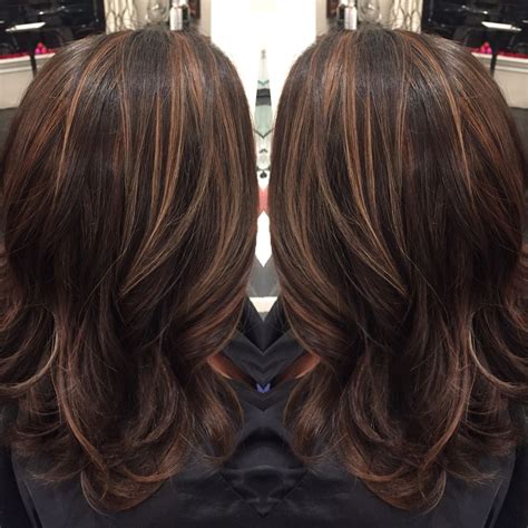 Dark Brown Hair With Caramel Highlights And Midlength Hair Cut By Dark Brown Hair With