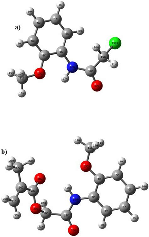 The optimized molecular structures of a) o-acetamide b) 2MPAEMA. | Download Scientific Diagram