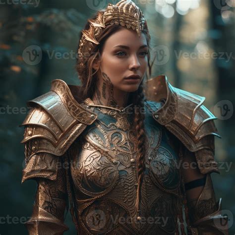 Fantasy Goddess Of War In An Armor With A Crown Character Design