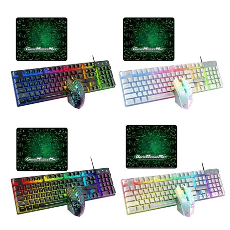 Y1ub T6rgb Luminous Wired Gaming Keyboard And Mouse Set With Large Mouse Pad Usb Colorful