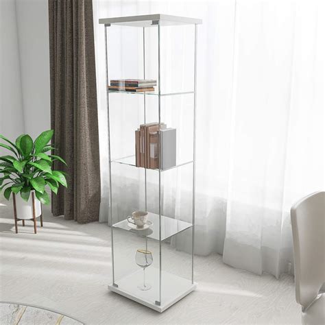 64” H Contemporary 4 Shelf Glass Display Cabinet In Clear With Door Curio Cabinet Collection