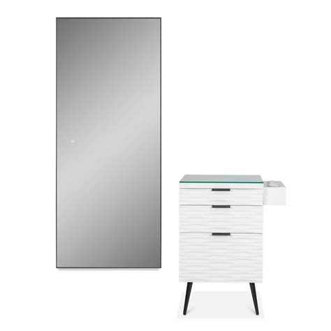 Akamu Styling Station In White With Black Hardware And Black Led Mirror