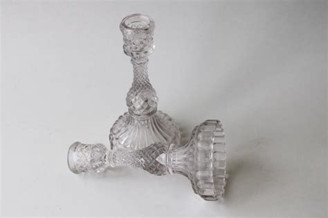 Antique Vintage Pressed Pattern Glass Candlesticks Sawtooth Diamond