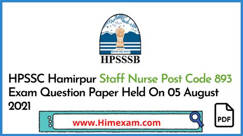 HPSSC Hamirpur Staff Nurse Post Code 893 Exam Question Paper Held On 05