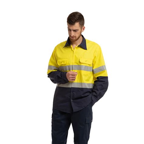 High Visibility 100 Cotton Drill Yellow Navy Coal Mining Construction Long Sleeve Reflective