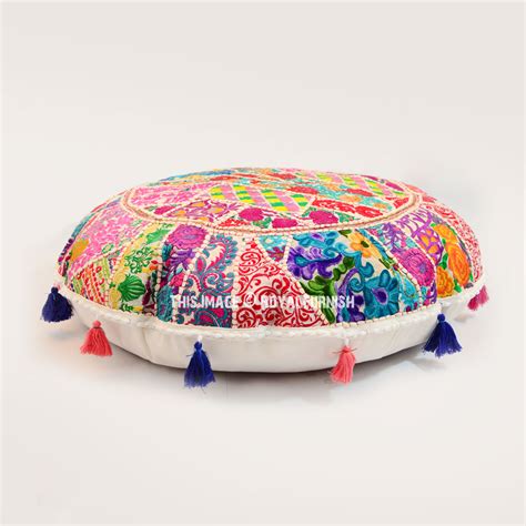 White Bohemian Patchwork Round Floor Pillow Cover Royalfurnish