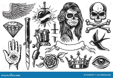 Black White Old School Tattoo Set White Background Vector, 49% OFF