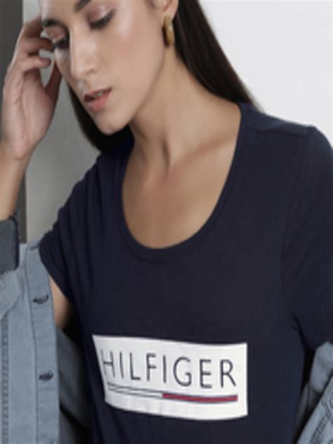 Buy Tommy Hilfiger Women Navy Blue Brand Logo Printed Pure Cotton T