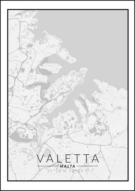 Galeria Plakatu Plakat Valetta Mapa Czarno Biała 40x50 cm Galeria