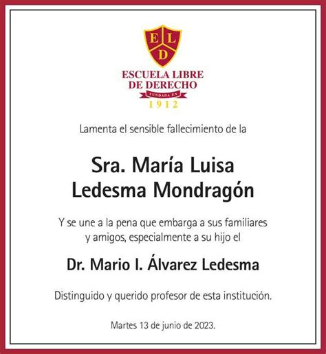 Señora Maria Luisa Ledesma Mondragon Obituario Esquela