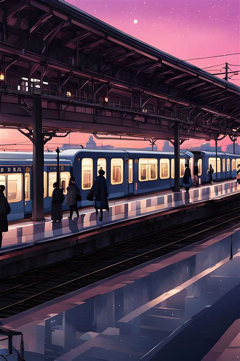 "Anime-style illustration of a train station in Japan amidst... by ...