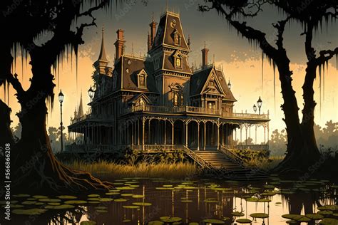 Concept Art of a Victorian Haunted Mansion in a Bayou Swamp Marsh ...