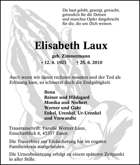 Traueranzeigen Von Elisabeth Laux Trauer In Nrw De