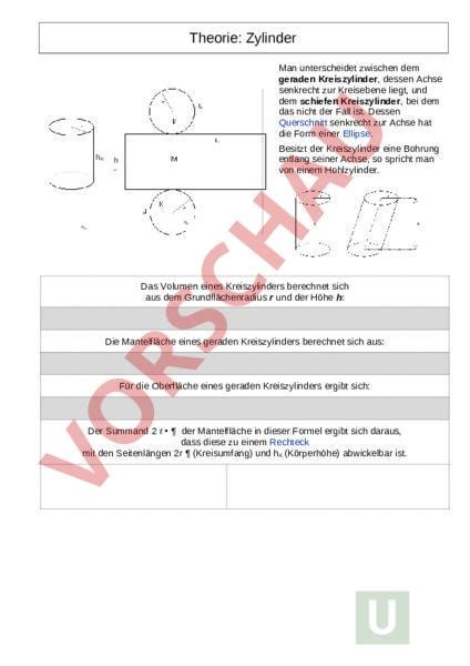 Arbeitsblatt Zylinder Theorie Geometrie Körper Figuren