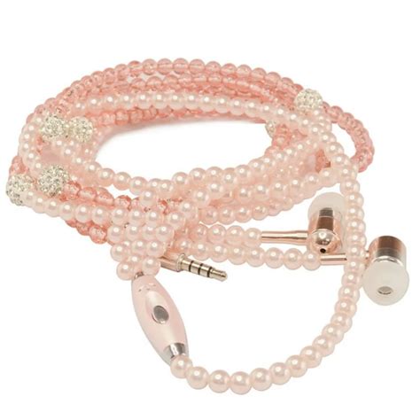 Pink girl Rhinestone Jewelry Pearl Necklace Earphones With Mic 3.5mm Earbuds For Xiaomi Huawei ...