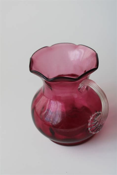 Vintage Pilgrim Hand Blown Cranberry Glass Mini Pitcher W Clear Glass