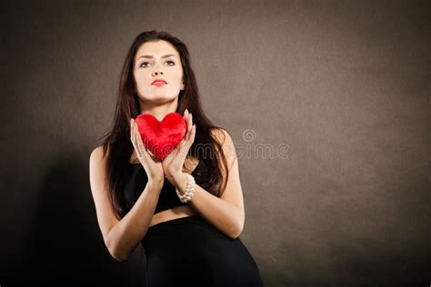 Beautiful Woman Holds Red Heart On Black Stock Image Image Of Gift