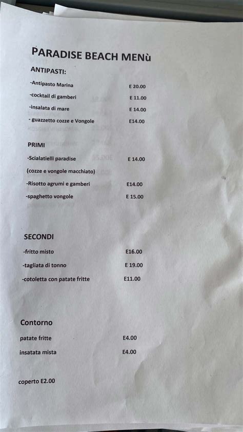 Carta Y Men Actualizados Ristorante Bagno Paradise En Lido Di