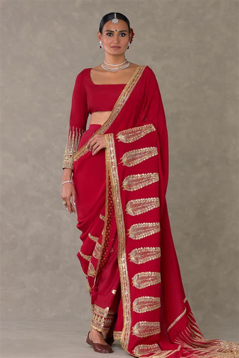 Buy Red Saree Crepe Silk Embellished Son Chidiya With Unstitched Blouse