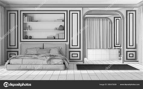 Blueprint Unfinished Project Draft Classic Bedroom Bathroom Modern Bed ...