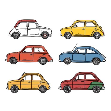 Colección de coches clásicos coloridos ilustrados en varios tonos