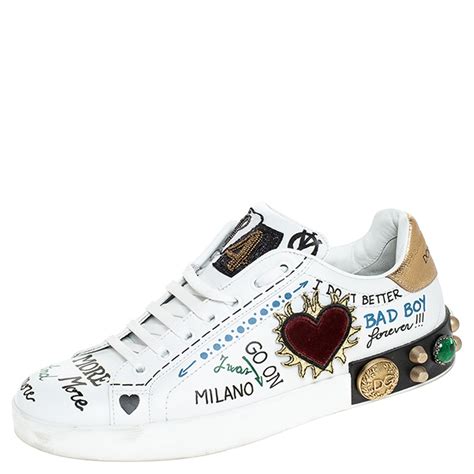 Dolce And Gabbana White Leather Portofino Graffiti Heart Applique Low Top Sneakers Size 41 Dolce