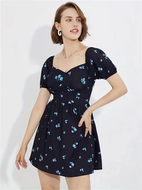 Floral Print Sweetheart Neck Dress Elegant Puff Sleeve Tie Temu