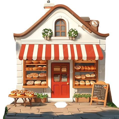 Cute Cartoon Bakery With Red Awning And Delicious Pastries For Local