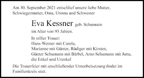 Traueranzeigen Von Eva Kessner Trauer Anzeigen De