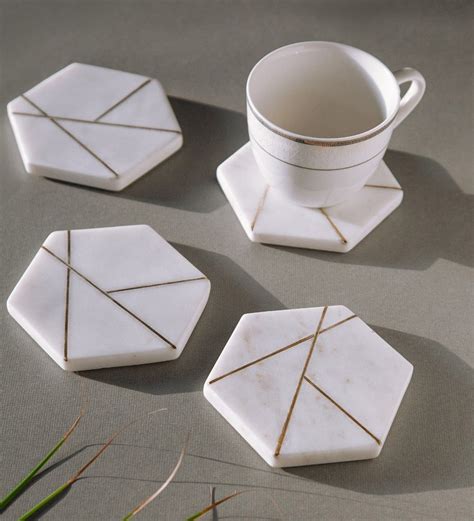 Buy Hexa Brass Inlay White Gold Marble Set Of Table Coaster At