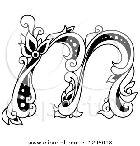 Clipart of a Black and White Vintage Lowercase Floral Letter M ...