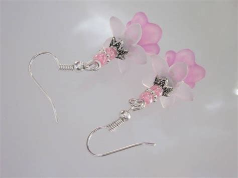 Pink Flower Earrings Pastel Dangle Pink Lucite Earrings White Flower