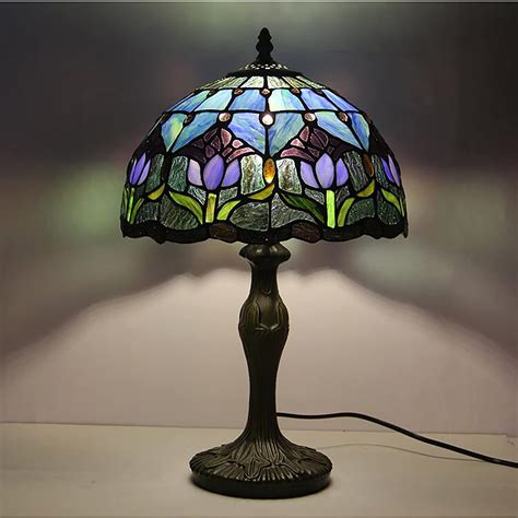 Tiffany Style Table Lamp Stained Glass Lamp Shade Purple Tulip Flower Reading Desk Light 12