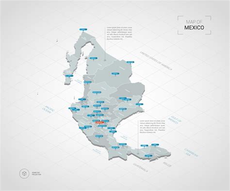 等尺性メキシコ地図。都市、国境、首都、行政区画、ポインターマークのある定型化された地図のイラスト。グリッドとグラデーションの背景