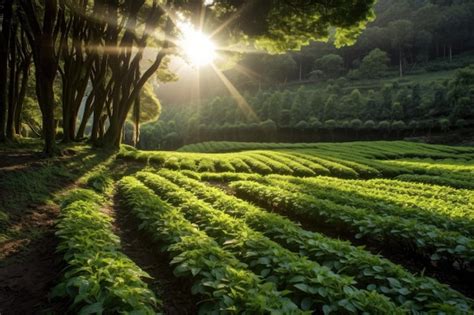 Premium AI Image Sunlight Filtering Through Tea Plantation Rows