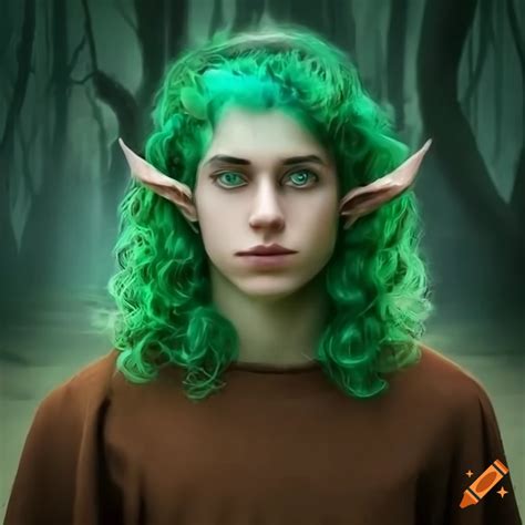 Portrait Of A Young Man With Green Skin In Front Of Enchanted Forest On