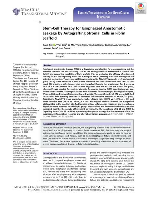 Pdf Stem Cell Therapy For Esophageal Anastomotic Leakage By