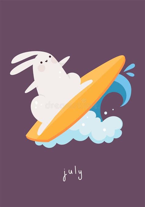 Card With Rabbit Surfing Cute Bunny Swimming With Board On The Big