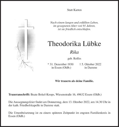 Traueranzeigen Von Theodorika L Bke Om Trauer De