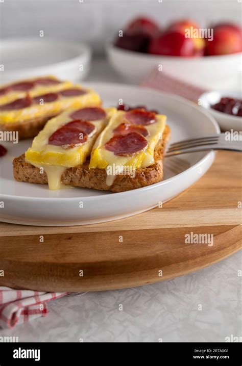 Open Faced Grilled Cheese Sandwich With Brie Spanish Salami Served