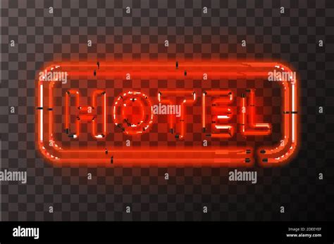 Bright Red Neon Hotel Sign Board With Rectangle Frame On Transparent